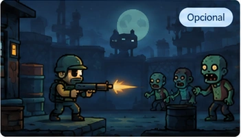 Ilustração de um soldado enfrentando zumbis em um cenário noturno.