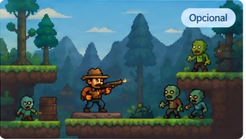 Ilustração de um ranger enfrentando zumbis em plataformas na floresta.